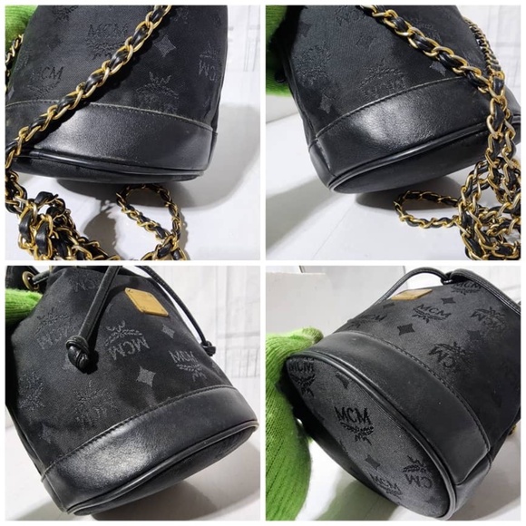 Authentic MCM Vintage Nylon Visetos Chain Bucket Drawstring Bag Black - Picture 5 of 13
